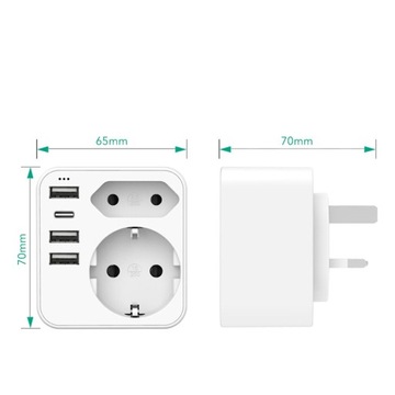 ADAPTER PODRÓŻNY EU do UK, WTYCZKA Z 3 PORTAMI USB+1 PORTEM USB-C 6 W 1