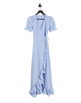 Niebieska lniana sukienka midi z falbaną defekt L