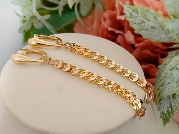Złote kolczyki długie wiszące damskie 585 łańcuszkowe łańcuszki angielskie