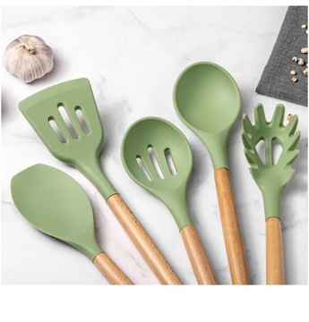 1Pcs Silicone Wood Soup Spoon Spatula Brush Scraper Avocado Green Oil