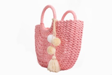 СУМКА-КОРЗИНА С ПОМПОНАМИ, ИДЕАЛЬНАЯ ДЛЯ ЛЕТА, РОЗОВАЯ НА ПОДКЛАДКЕ