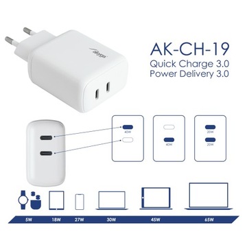 2x USB-C AK-CH-19 PD QC сетевое зарядное устройство мощностью 40 Вт