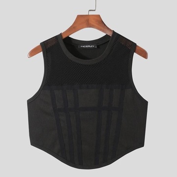 Men Tank Tops Mesh Patchwork 2023 Round Neck Sleev