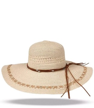 Duży damski kapelusz szerokie rondo ażur rzemyk (Beżowy)