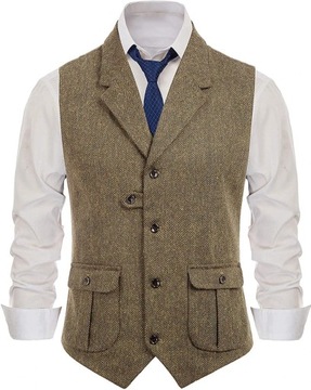 Mens Suit Brown Vest Lapel Wool Herringbone Retro