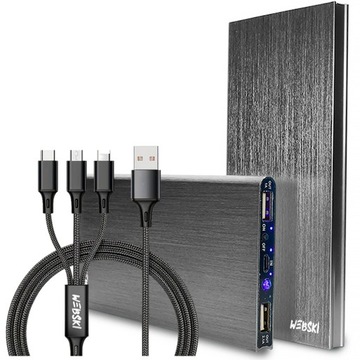 POWERBANK 20000 mAh Z DWOMA PORTAMI USB Z LATARKĄ LED + NYLONOWY KABEL 3W1