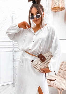 ЖЕНСКИЙ ЛЕТНИЙ МИСЛИНОВЫЙ КОМПЛЕКТ, БЛУЗКА И ЮБКА PL PROD PREMIUM БЕЛЫЙ L/XL