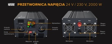 Преобразователь напряжения Newell с чистой синусоидой - 24 В/230 В, 2000 Вт