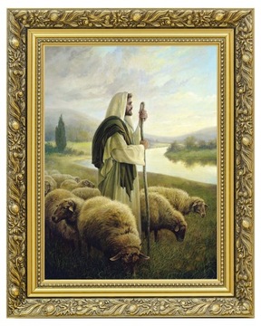 CUDOWNY OBRAZ NA PŁÓTNIE | JEZUS PASTERZ | RAMA OZDOBNA | 40x50