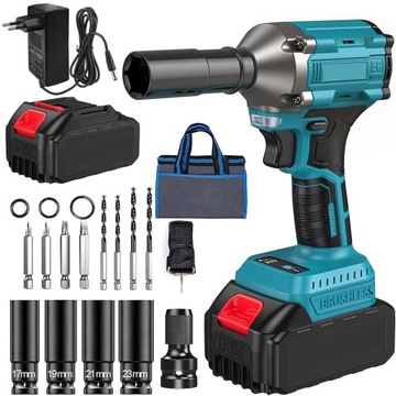 АККУМУЛЯТОРНЫЙ БЕСЩЕТОЧНЫЙ УДАРНЫЙ КЛЮЧ ДЛЯ КОЛЕС 21 В 550 НМ НАСАДКИ + КОРПУС