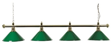 LAMPA BILARDOWA METALOWA ZŁOTA Z 4 ZIELONYMI KLOSZAMI
