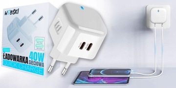 ZASILACZ SIECIOWY DO TELEFONU GNIAZDO C 40W 2xUSB-C PD Z MOCNYM KABLEM 5W1