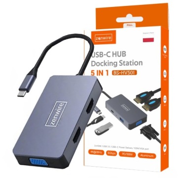Adaptér Hub Adaptér Rozbočovač 5v1 Usb-c 3.1 2x Hdmi 4K Vga Usb 3.0