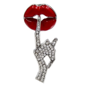 Broszka z gestem „Bądź cicho”, Rhinestone, czerwona warga