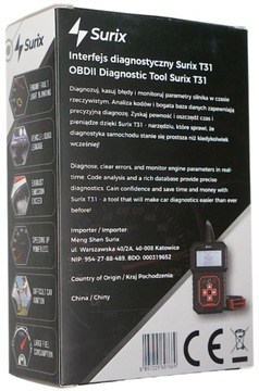 ДИАГНОСТИЧЕСКИЙ ИНТЕРФЕЙС OBD2 СКАНЕР АВТОМОБИЛЬНЫЙ ТЕСТЕР ПОЛЬСКИЙ SURIX T31