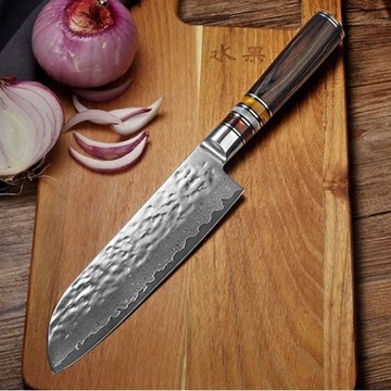 Nóż kuchenny damasceński Kashiwa - Santoku/Brązowy