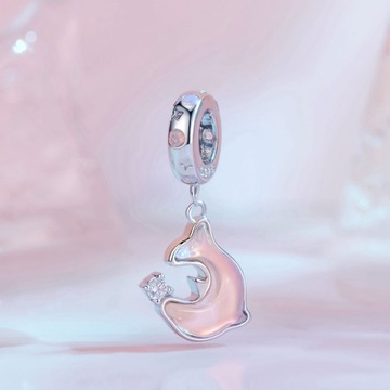G862 Różowy delfin zawieszka z kryształkami srebrny charms beads