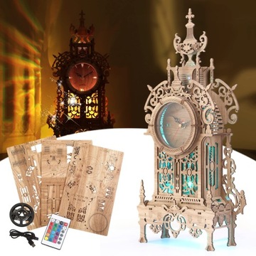 FUNPOLA 3D Drewniane Puzzle Zegar Budowlany LED z Pilotem