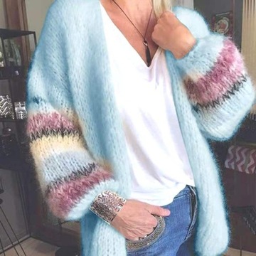 Moherowy sweter z dzianiny w cukierkowe paski, sweter z rękawami typu latarnia