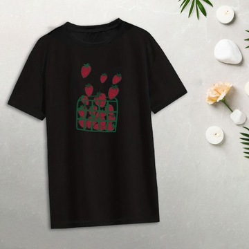 Damska koszulka z krótkim rękawem, okrągłym dekoltem, swobodnym nadrukiem w owoce, miękka, modna M