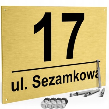 NUMER NA DOM TABLICZKA ADRESOWA Z NUMEREM DOMU 32x21 cm ZŁOTA + KOŁKI