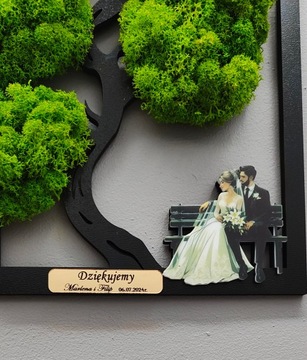 Дерево бонсай с мхом, женихом и невестой, цвет, спасибо родителям, мох, золото