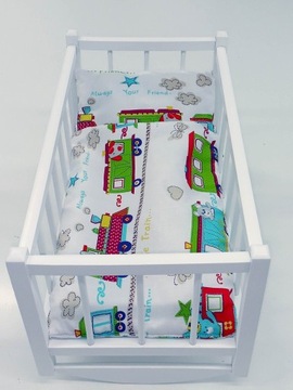 KOŁYSKA DLA LALEK BIAŁA DREWNIANA + POŚCIEL 3el