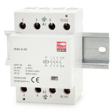 STYCZNIK MODUŁOWY 40-40 230V 40A 3P NA SZYNĘ TH35 3 FAZOWY 4 STYKI ZWIERNY