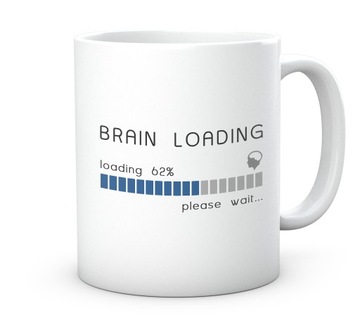 Kubek z tekstem i grafiką. Brain loading