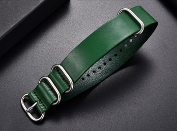 Pasek do zegarka CIEMNOZIELONY NATO 24 mm SKÓRA