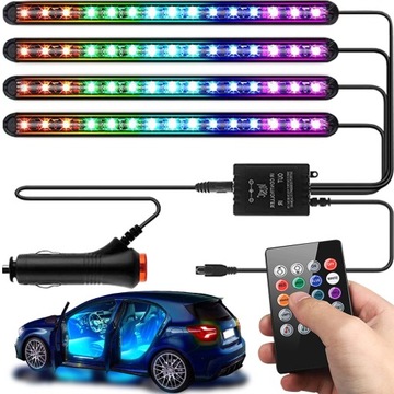 OŚWIETLENIE LED RGB DO WNĘTRZA SAMOCHODU AUTA LISTWA KABINY + PILOT