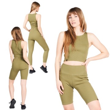 Komplet bawełniany damski oliwkowy top legginsy długie legginsy krótkie 2XL