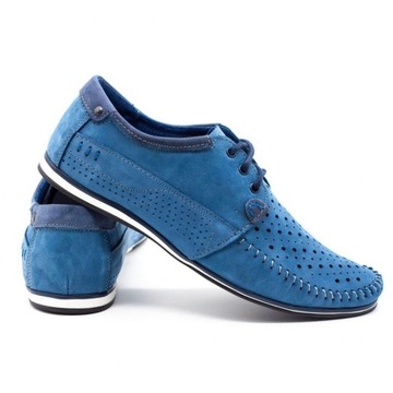 Buty męskie skórzane mokasyny sznurowane na lato ażurowe 875L niebieskie 44
