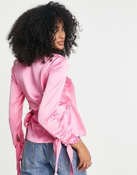 DESIGN Różowa satynowa bluzka kopertowa XXS