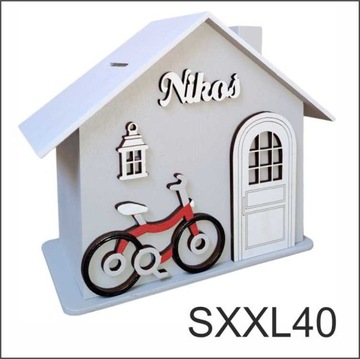 DUŻA drewniana skarbonka domek z quadem prezent dla chłopca personalizowana