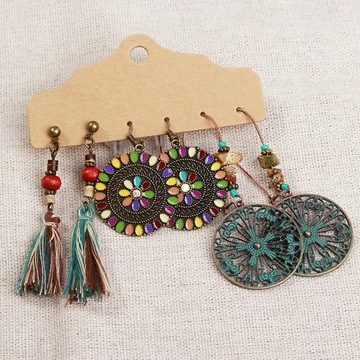 LATS Boho Этнический серебряный комплект серег для женщин в винтажном стиле с деревянной кисточкой