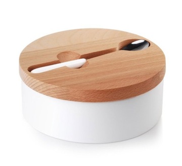 CUKIERNICA PORCELANOWA Z POKRYWKĄ I ŁYŻECZKĄ BIAŁA