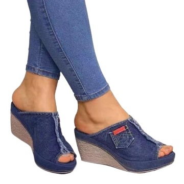 Czarne Niebieskie Sandały na Koturnie Denim 35-43