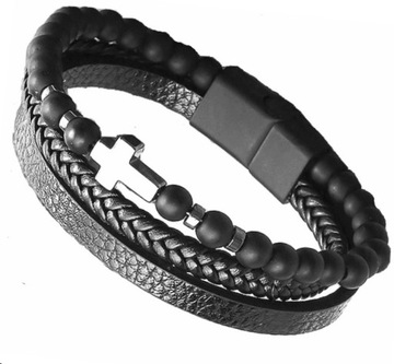 МУЖСКОЙ КОЖАНЫЙ БРАСЛЕТ С КРЕСТОВЫМИ БУСИНАМИ, СТАЛЬ 316L