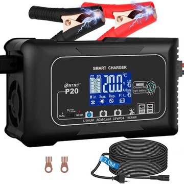 HTRC Ładowarka do akumulatora samochodowego 20 A, 12 V/24 V