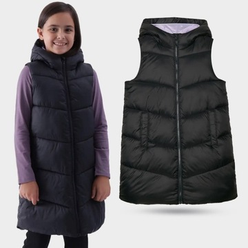 КУРТКА БЕЗРУКАВКА ДЛЯ ДЕВОЧЕК 4F КУРТКА СТЕГАНЫЙ ЖИЛЕТ, ДЛИННАЯ ОСЕНЬ AW24F130