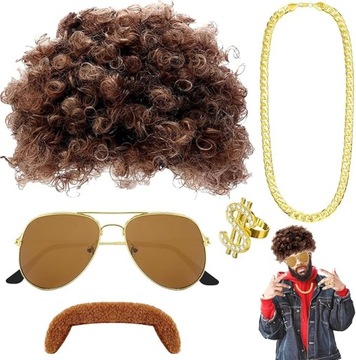 STRÓJ PRZEBRANIE RETRO ROCKMAN PIMP GANGSTER OKULARY PERUKA LATA 70 80
