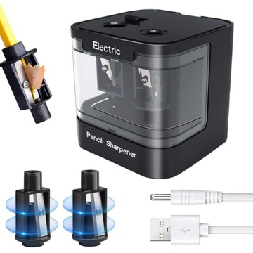 ЭЛЕКТРИЧЕСКАЯ ТОЧИЛКА С ДВУМЯ ОТВЕРСТИЯМИ ДЛЯ ТОЛСТЫХ И ТОНКИХ КАРАНДАШЕЙ, ЧЕРНАЯ