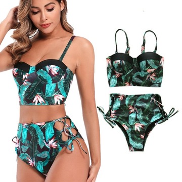 STRÓJ KĄPIELOWY DWUCZĘŚCIOWY WYSOKI STAN MODELUJĄCY DAMSKI CZARNY KWIATY S