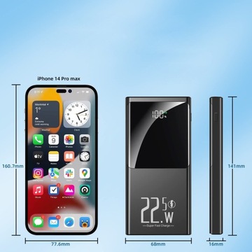 POWERBANK 10000 МАЧ МОЩНОЕ БЫСТРОЕ ЗАРЯДНОЕ УСТРОЙСТВО 22,5 Вт, 2X USB-A/USB-C ЖК-ДИСПЛЕЙ