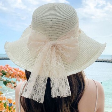 Women Straw Hat Lace Bow Faux Pearl Decor Beach Sun Hat Wide