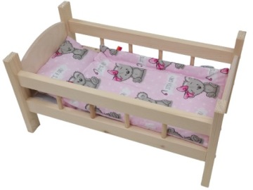 ŁÓŻECZKO DREWNIANE DUŻE dla lalek POŚCIEL 3 EL.