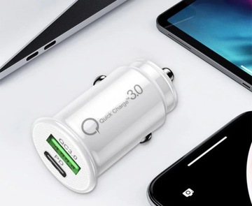 БЫСТРОЕ АВТОМОБИЛЬНОЕ ЗАРЯДНОЕ УСТРОЙСТВО ДЛЯ ТЕЛЕФОНА, МОБИЛЬНОЕ ДЛЯ USB + КАБЕЛЬ ТИПА C