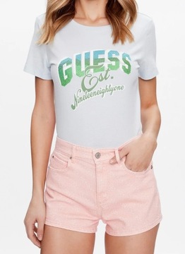 GUESS T-shirt bawełniany niebieski cyrkonie logo S