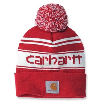 Kolorowa Zimowa Czapka Carhartt Knit Pom-Pom Cuffed Logo / Red Winter White